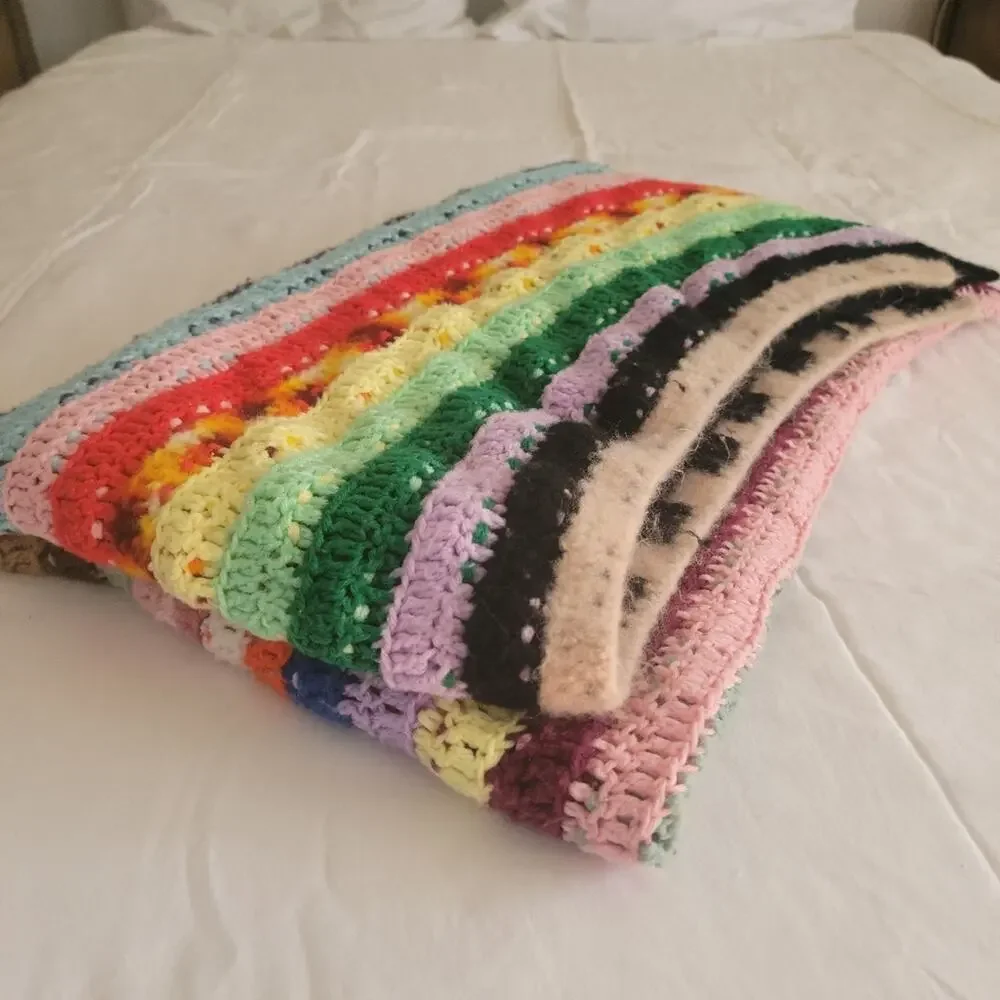 Vintage Hand Made Crochet Striped Lap Blanket Handmade
